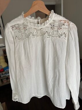 Ulla Johnson White Lace Yoke Long-Sleeve Blouse